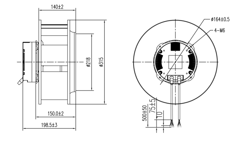 EC后傾式離心風(fēng)機310mm外形尺寸圖