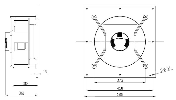 EC無蝸殼離心風機450mm外形尺寸圖