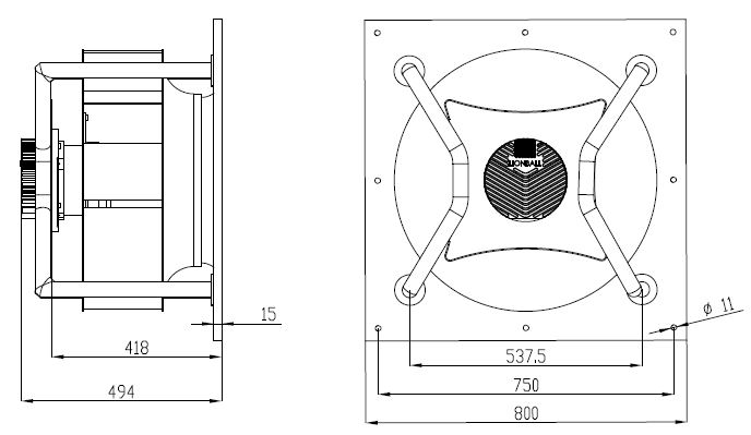 EC無蝸殼離心風(fēng)機560mm外形尺寸圖